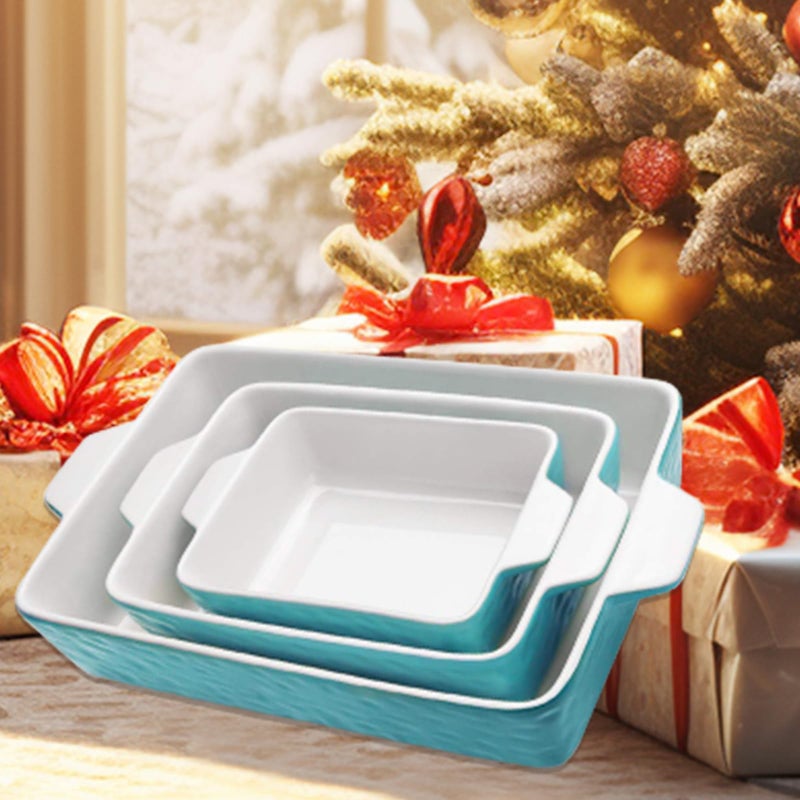 Krokori Casserole Dishes for Oven, Ceramic Baking Dishes, Lasagna Pan with Handles, Porcelain Baking Pan Deep, Bakeware for Baking, Cooking, Wedding Gift, Set of 3 (11.6" x 7.8", Aquamarine) - Image 2